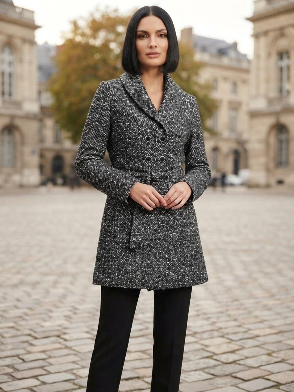 Guess Black and White Tweed Double-Breasted Peacoat